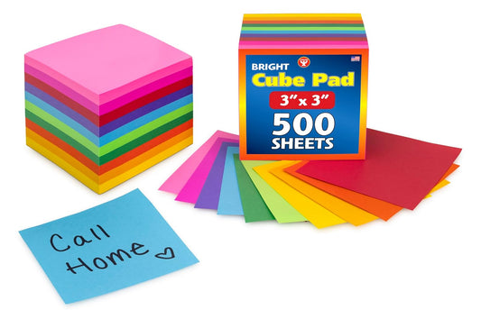 Hygloss 3x3 Bright Products Cube, 3-Inch Paper Squares-10 Assorted Colors-1 Pad, 3" x 3", 500 Sheets, Multicolor