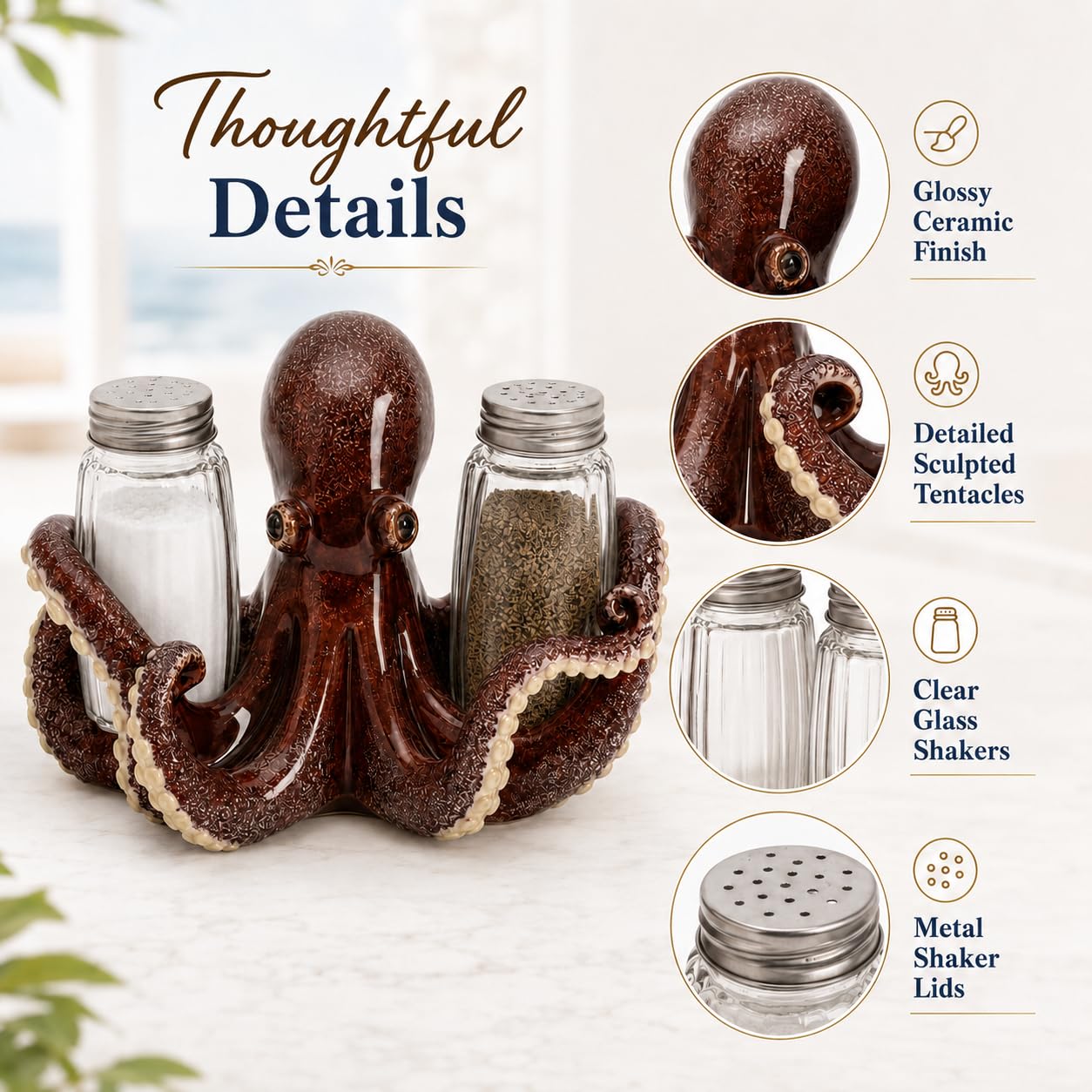 Comfy Hour 6 Inch Octopus Salt and Pepper Shakers, Red Holder