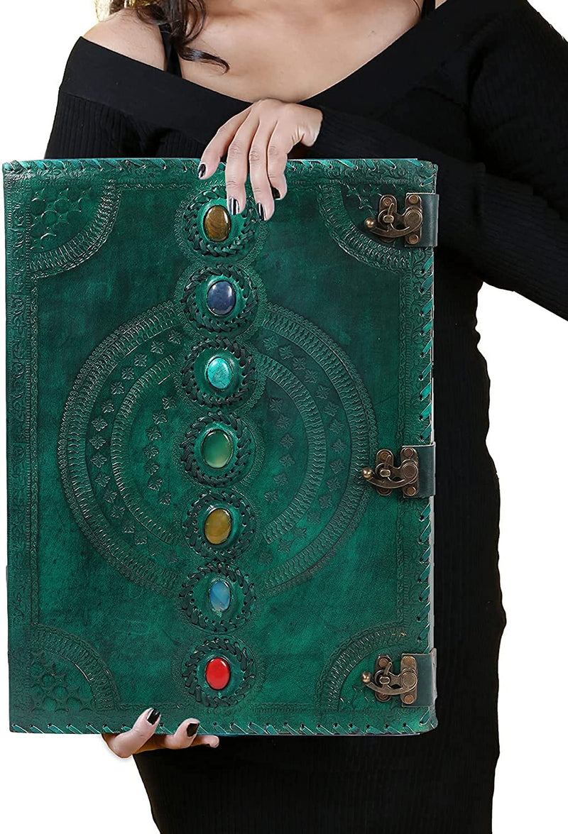 TUZECH Seven Chakra Medieval Stone Embossed Handmade Jumbo Leather Journal Book of Shadows Notebook Office Diary College Poetry Sketch (Domestic Green, 22 Inches)