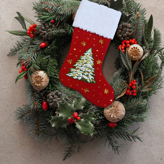 Comfy Hour Winter Holiday Home Collection 18"x11" Christmas Tree Snowflakes Red Stocking Christmas Decoration