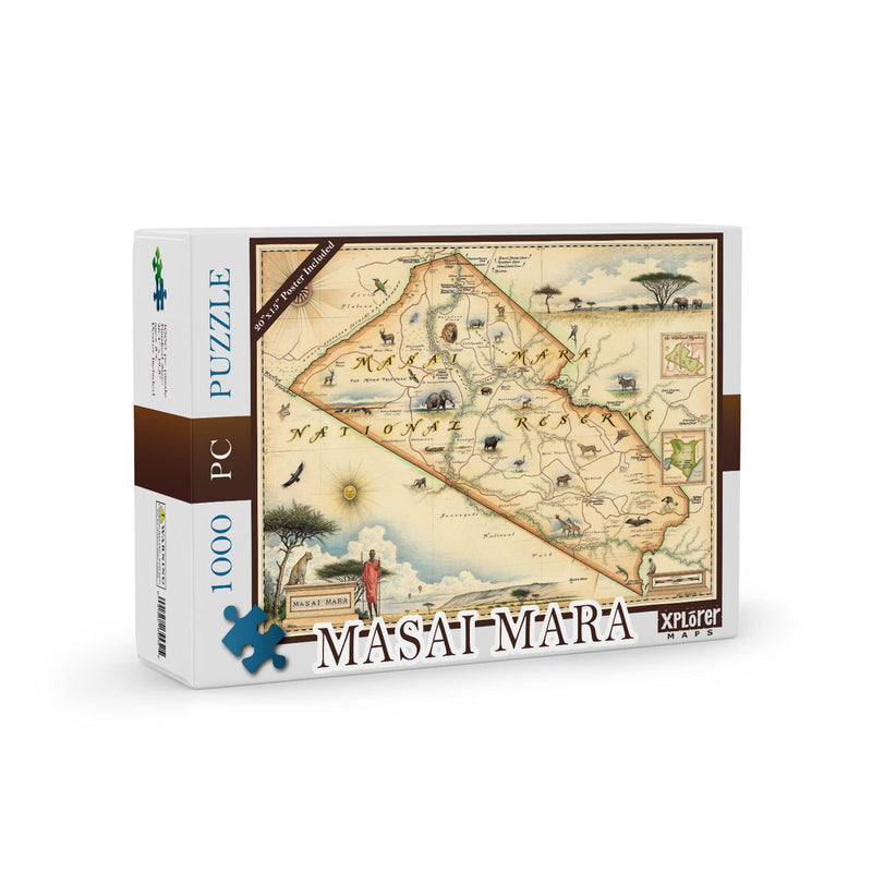 Masai Mara National Reserve Map Cardboard Jigsaw Puzzle - 1000 Pieces, Hand-Illustrated - Educational, Family Activity, Ages 7+, Includes Poster - 25.4 x 19.8
