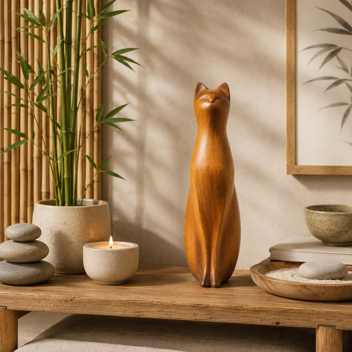 Comfy Hour Farmhouse Home Decor Collection 8" Decorative Kitty Statue Sitting Cat Figurine, Wood Grain Smooth Finish, Polyresin