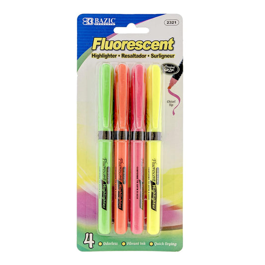 BAZIC Pen Style Fluorescent Highlighters w/ Cushion Grip (4/Pack)
