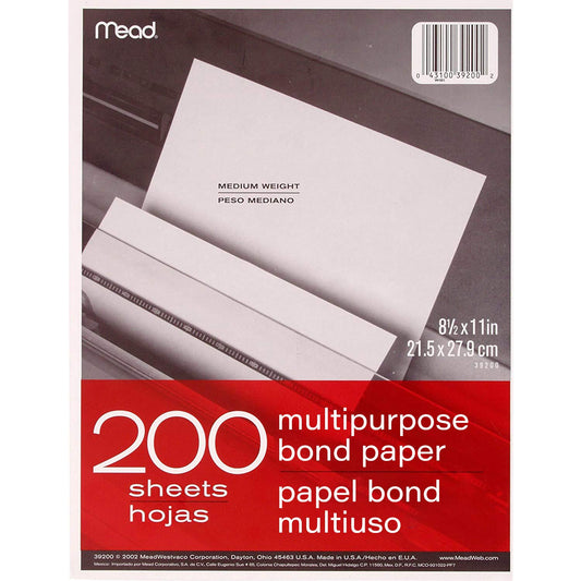 ACCO (School) Mead Multipurpose Paper, 8-1/2" x 11", Letter Size, Bond, White, 200 Sheets/Pack (39200)