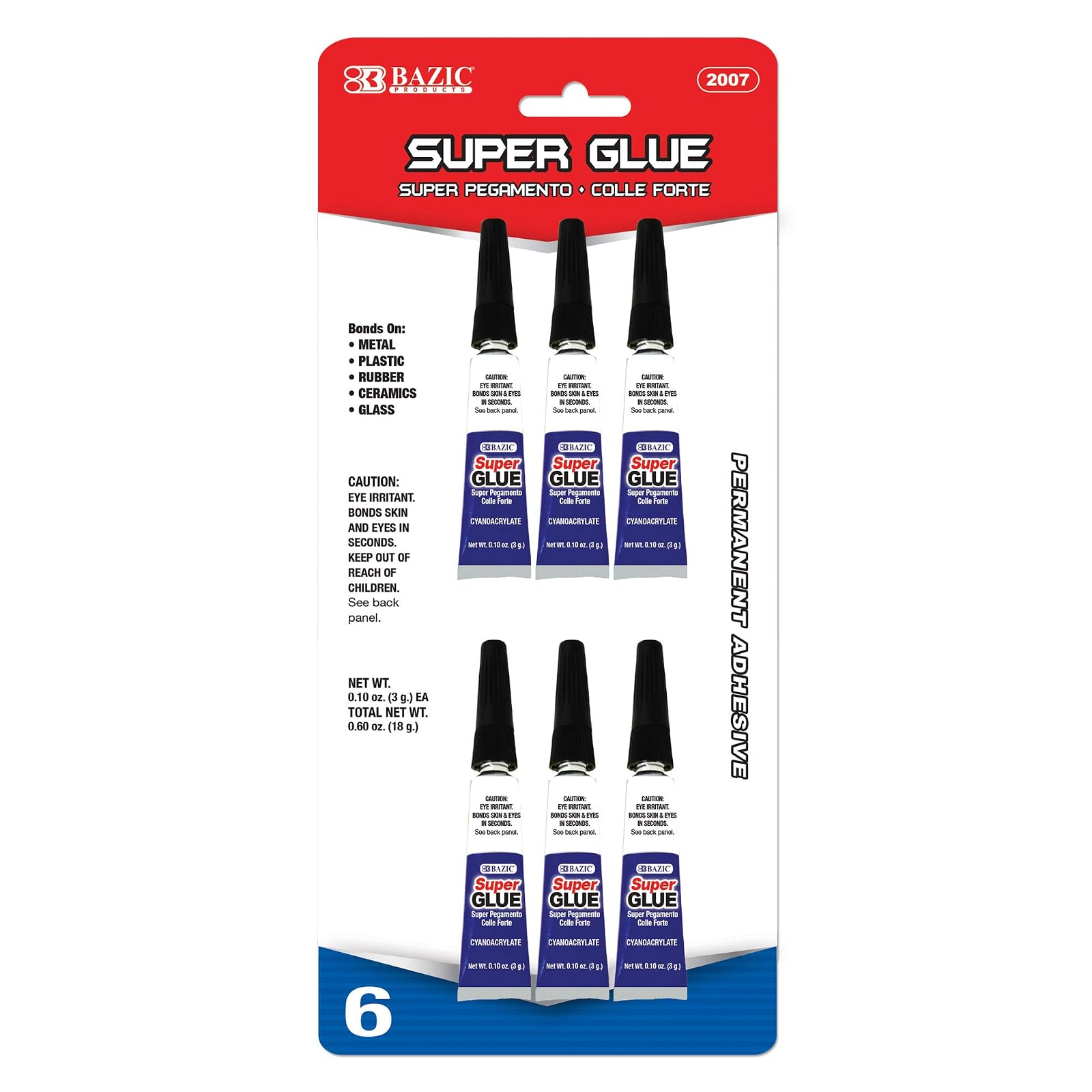 BAZIC Super Glue 3g/0.10 Oz, Small Tube Clear Adhesive Fluid Liquid Bonding for Office & Home Improvement (6/Pack), 1-Pack