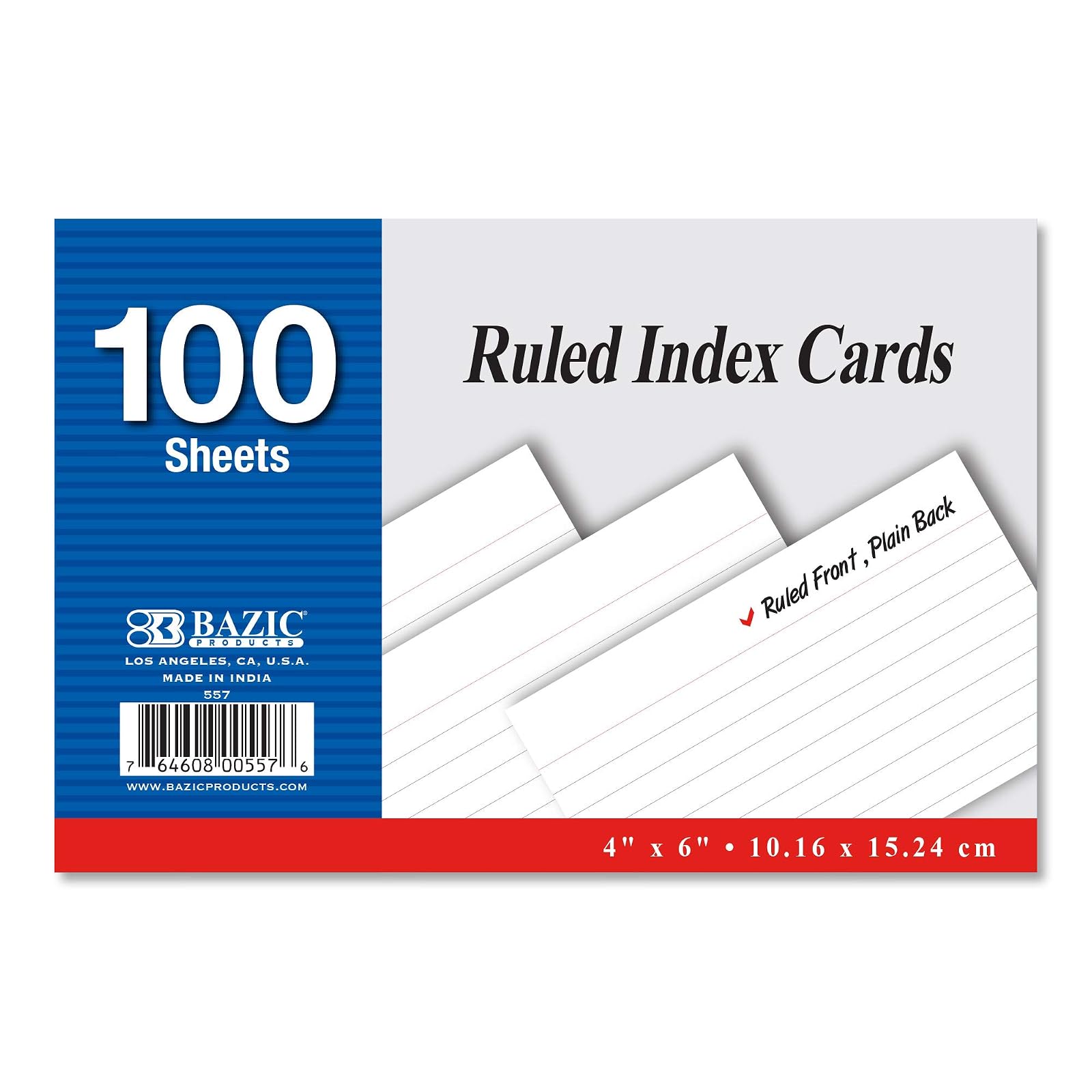 BAZIC 100 Ct. 4" X 6" Ruled White Index Card