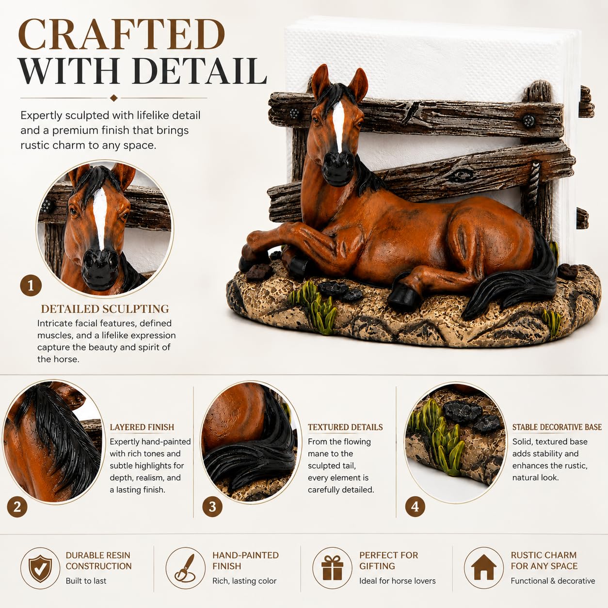 Comfy Hour 5 x 4.6 Inch Western Napkin Holder, Horse Table Decor