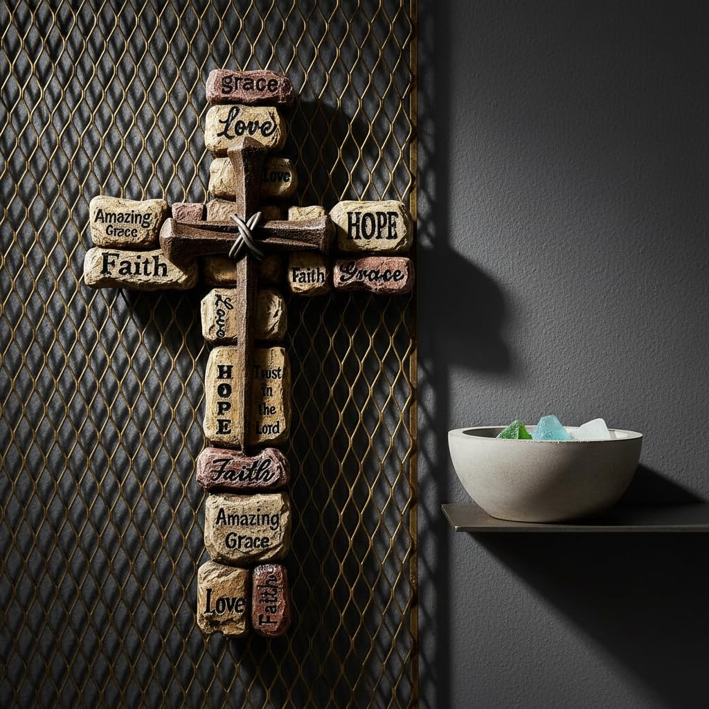Comfy Hour 12 Inch Cross Wall Decor, Stacked Stone Wall Cross