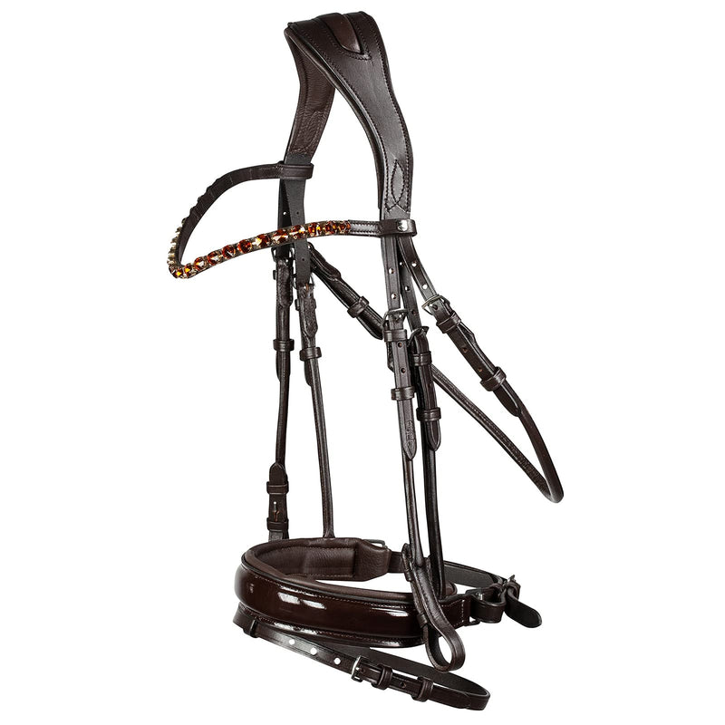 Horze Clermont Ergonomic Padded Genuine Leather Snaffle Bridle for Horses | Flash Noseband and Crystal Detail Browband - Dark Brown - Cob