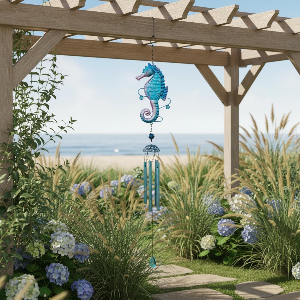 Comfy Hour Farmhouse Home Decor Collection Metal Art 35" Seahorse Ocean Wild Animal Windchime Hanging Windbell Blue