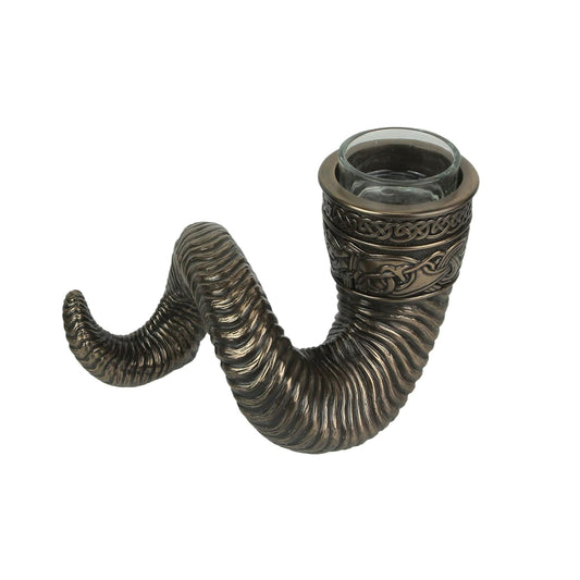 Unicorn Studio Veronese Design 4 3/8 Inch Tall Nordic Viking Ram Horn Tealight Candle Holder Cold Cast Bronzed Resin Sculpture