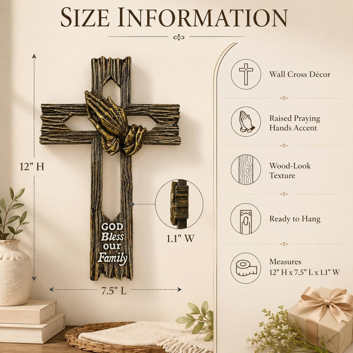 Comfy Hour Wall Art, 7.5"L x 1.1"W, Faux Wood Tone with Antique Bronze-Tone Deta