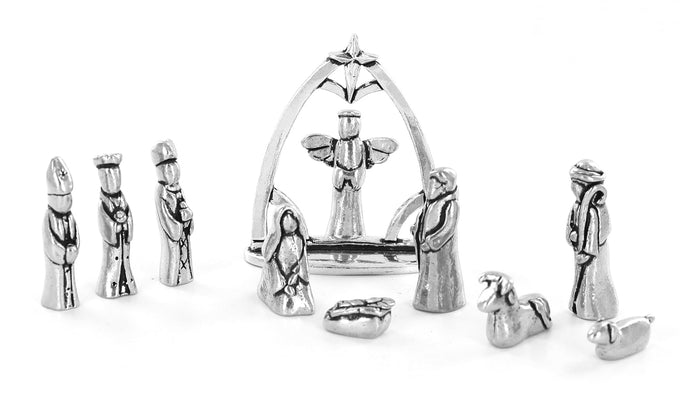 Basic Spirit Nativity Set with Chreche Mini Pewter Figurine 11 Pc Set with Velvet Pouch