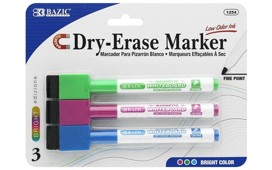 BAZIC Bright Colors Magnetic Dry-Erase Markers (3/Pack)