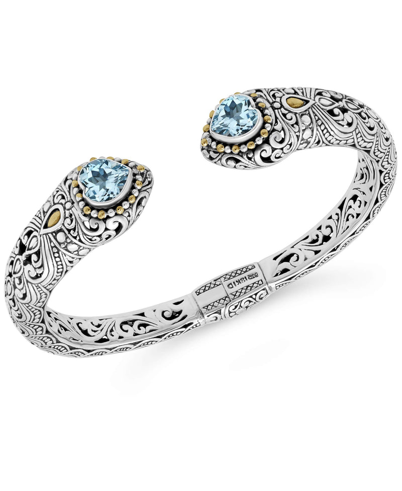 Sterling Silver 925 and 18K Gold with Blue Topaz DEVATA Bali Filigree Cuff Bracelet DHK3215BT (Size L)