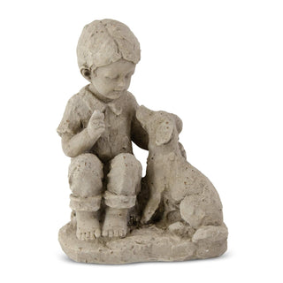 K&K Interiors 17235A 12 Inch Tan Resin Boy with Dog