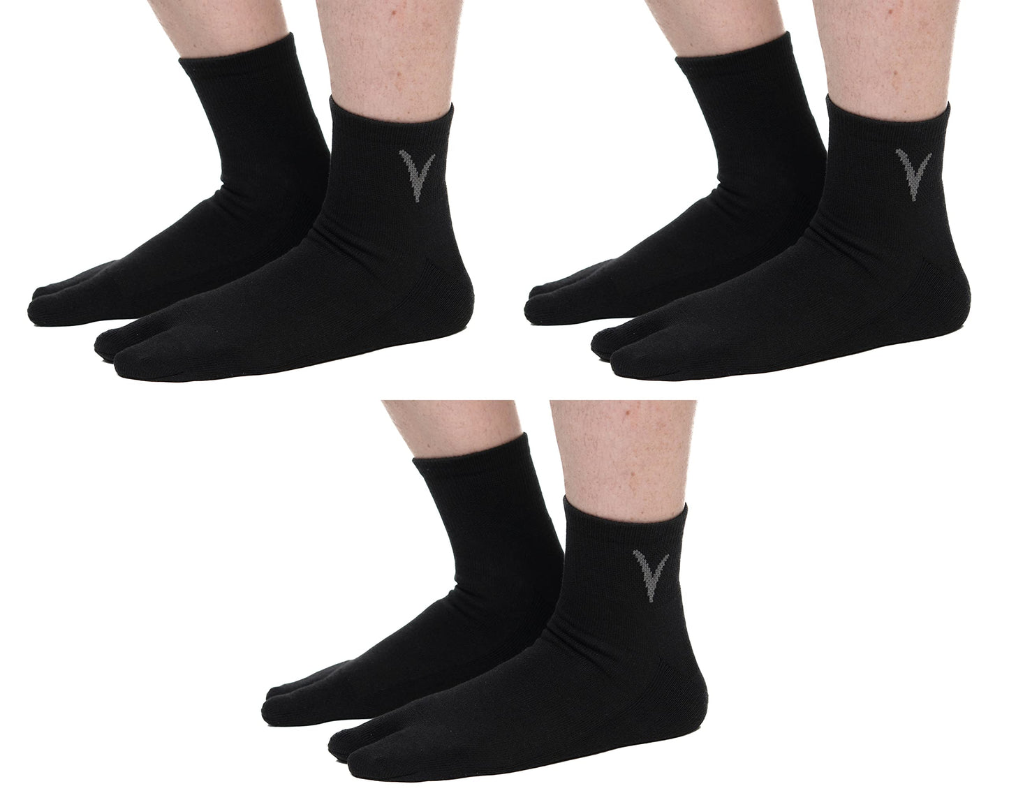 3 Pairs Thicker V-Toe Flip-Flop Tabi Warmer Big Toe Soft Socks Black Mini-Crew Men 8-10.5 Women 9.5-11.5