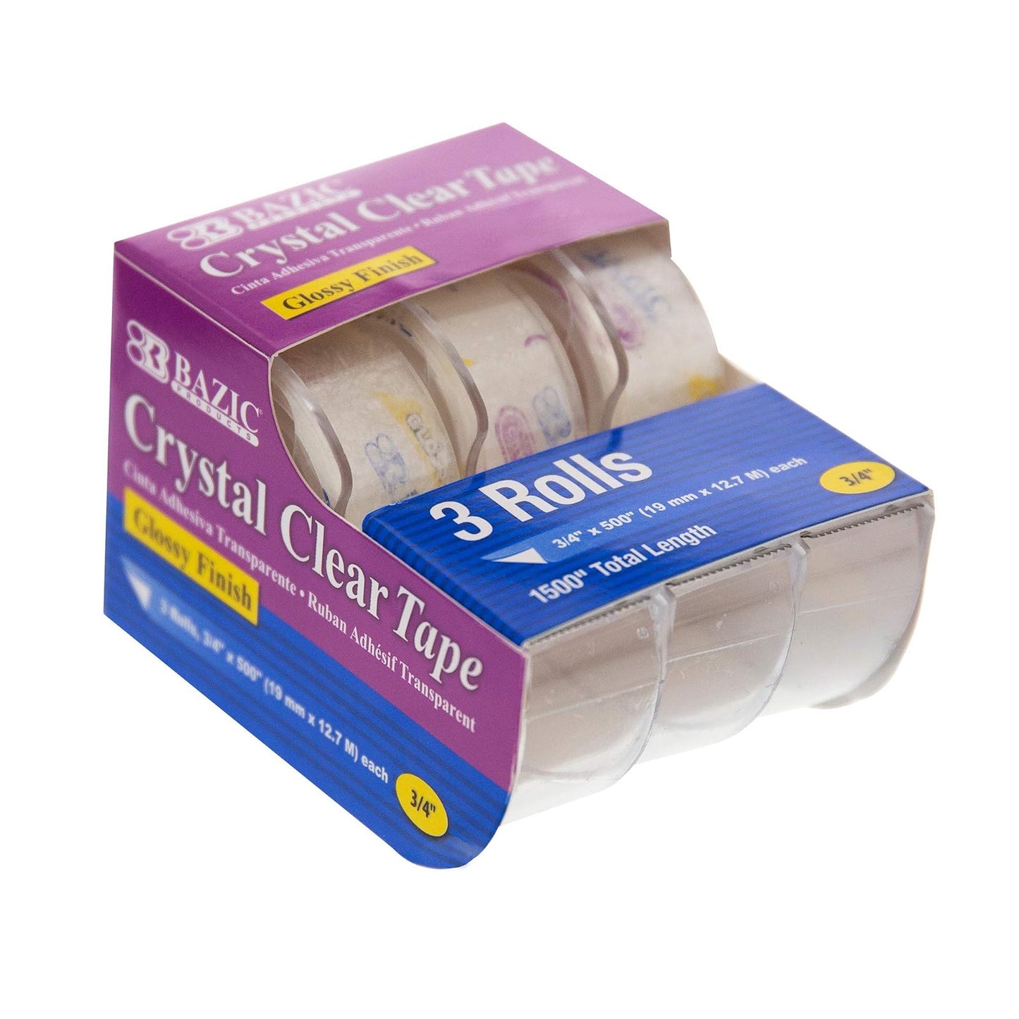 BAZIC 3/4" X 500" Crystal Clear Tape w/Dispenser, Transparent Tapes Glossy Finish Refill Rolls, Arts Craft Gift Wrapping, Office Home Work (3/Pack), 1-Pack