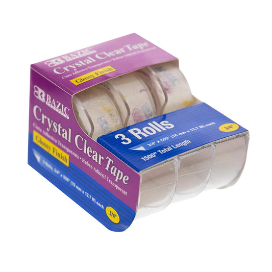 BAZIC 3/4" X 500" Crystal Clear Tape w/Dispenser, Transparent Tapes Glossy Finish Refill Rolls, Arts Craft Gift Wrapping, Office Home Work (3/Pack), 1-Pack