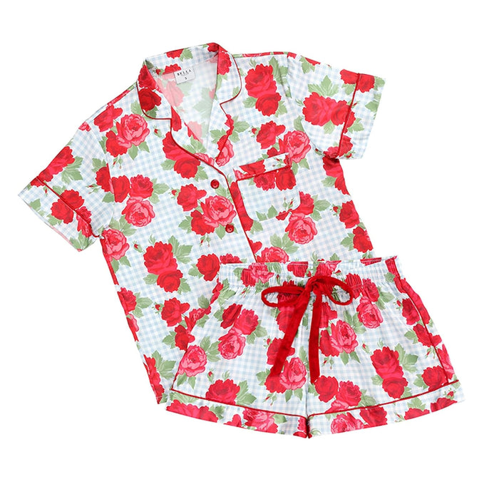 Bella Sleep + Spa Pajamas, Small, Blue Gingham + Red Roses