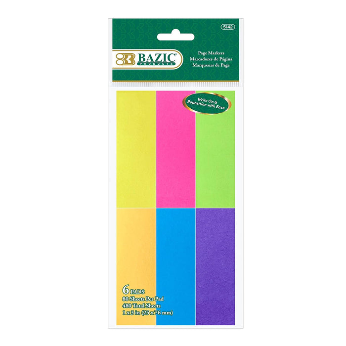 BAZIC 80 Sheets/Pad 1" X 3" Neon Color Page Sticky Notes Memo Index Tabs Flags Self Adhesive, 480 Pieces (6 Pad/Pack), 1-Pack