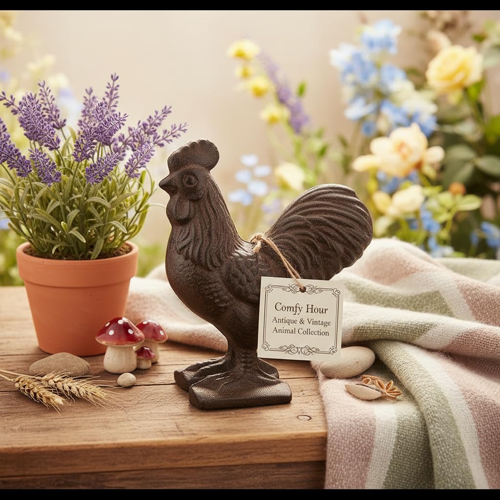 Comfy Hour Antique & Vintage Interior Decor Collection, Animal Edition Cast Iron Rooster Figurine, Indoor Outdoor Garden Decor, Brown