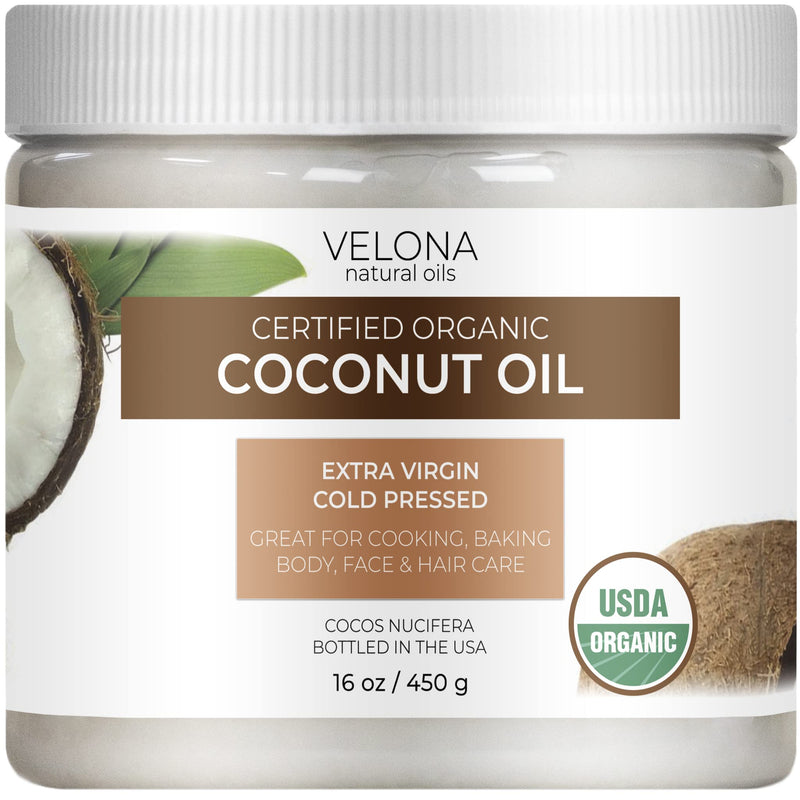 Velona USDA Certified Organic Coconut Oil Extra Virgin - 16 oz | Food and Cosmetic Grade | in jar | Extra Virgin, Cold Pressed