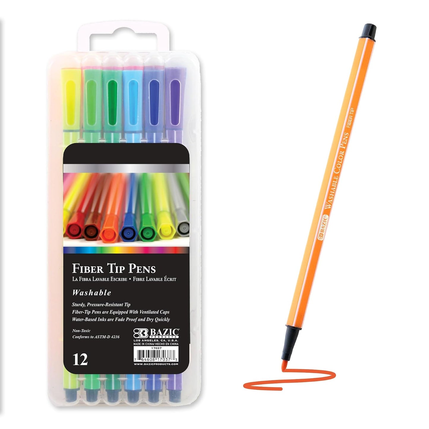 BAZIC 12 Color Washable Fiber Tip Pen