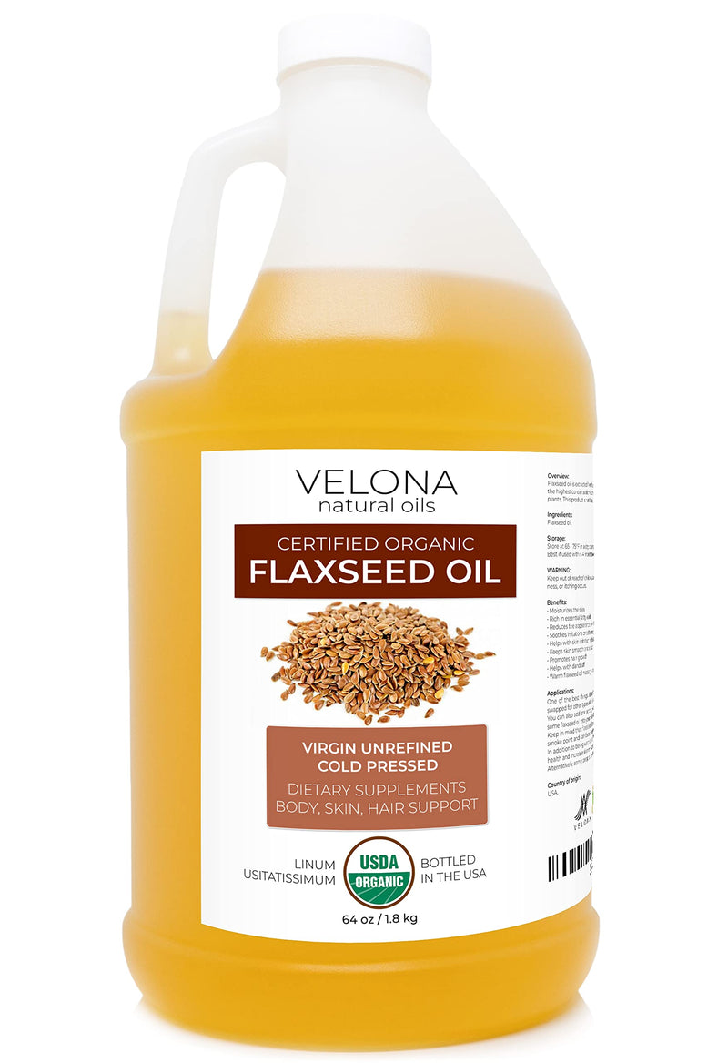 velona USDA Certified Organic Flaxseed Oil - 64 oz | 100% Pure and Natural Carrier Oil | Unrefined, Cold Pressed | Hair Growth, Body, Face & Skin Care | Use Today - Enjoy Results…