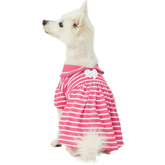 Blueberry Pet Sea Lover Rose Pink Striped Cotton Blend Dog Dress with Bowtie, Back Length 16", Pack of 1 Clothes for Dogs