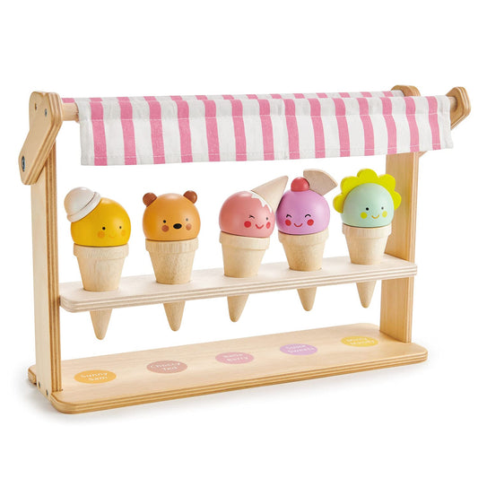 Tender Leaf Toys - Scoops and Smiles - Ice Cream Toy Shop with 5 Beautiful Solid Wood Ice Cream Cornets Set for Kids 3+