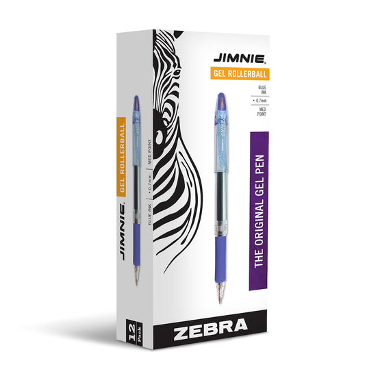 Zebra Pen Jimnie Roller Ball Stick Gel Pen, Blue Ink, Medium Point, 0.7mm, 12-Count (44120)