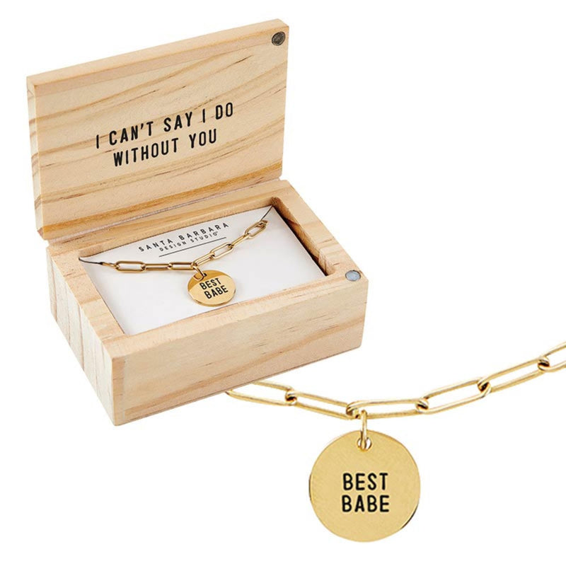 Santa Barbara Design Studio Fleur Jewelry Wedding Gold Plated Link Chain Charm Necklace Wood Boxed Gift Set, 17" Long + 2" Extender, Best Babe