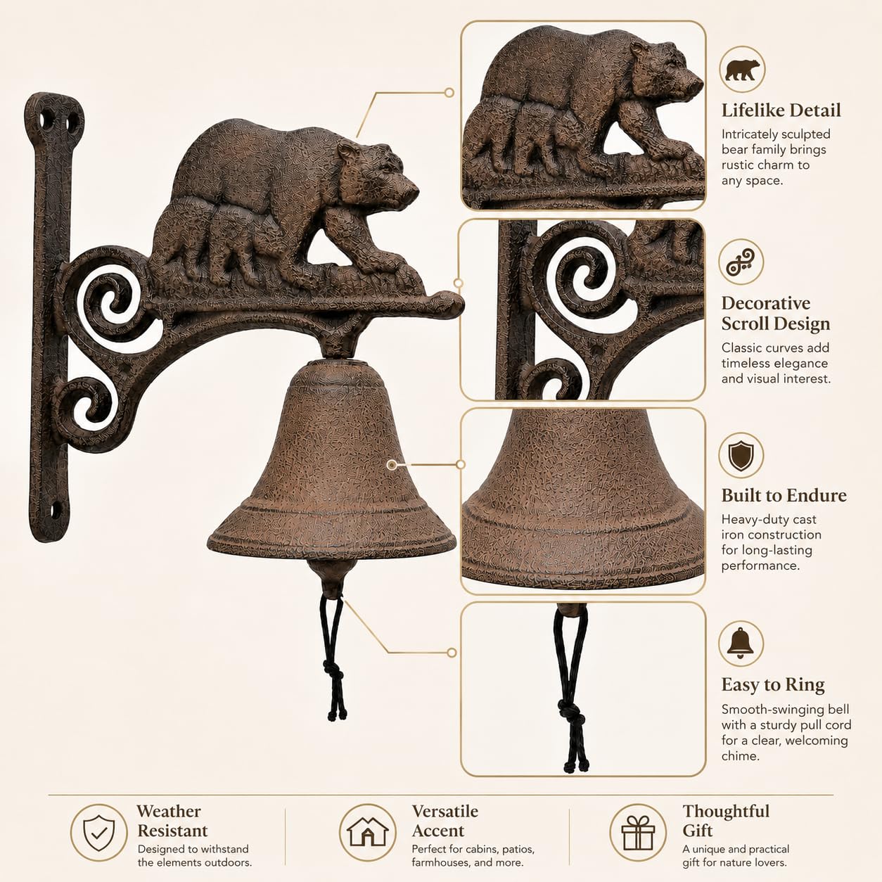 Comfy Hour 7.8 Inch Dinner Bell Outdoor, Bear Dinner Bell