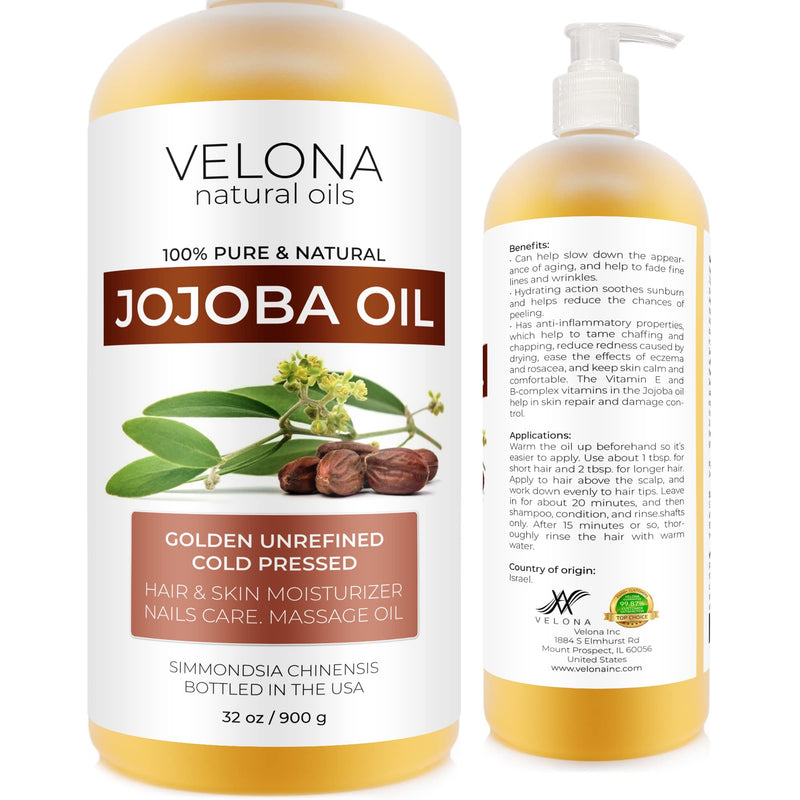 velona Jojoba Oil - 32 oz (With Pump) | 100% Pure and Natural | Golden, Unrefined, Cold Pressed, Hexane Free | Moisturizing Face, Hair, Body, Skin Care, Stretch Marks, Cuticles