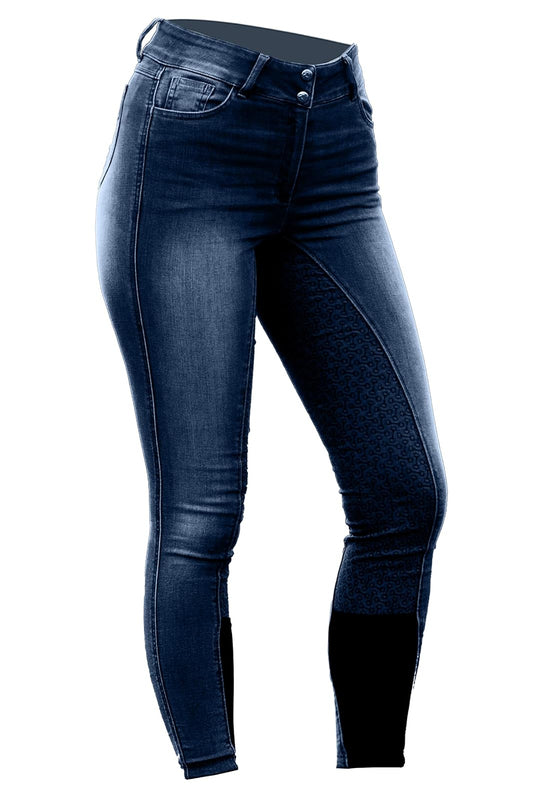 Horze Kaia Womens High Waist Denim Silicone Full Seat Breeches - Dark Blue - 26
