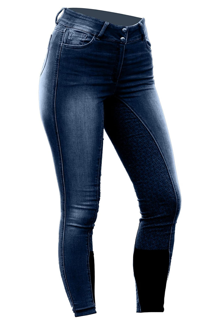 Horze Kaia Womens High Waist Denim Silicone Full Seat Breeches - Dark Blue - 26