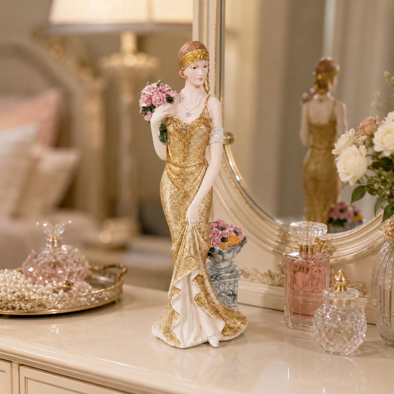 Comfy Hour 13 Inch Victorian Lady Figurine, Art Deco Gold Dress Statue