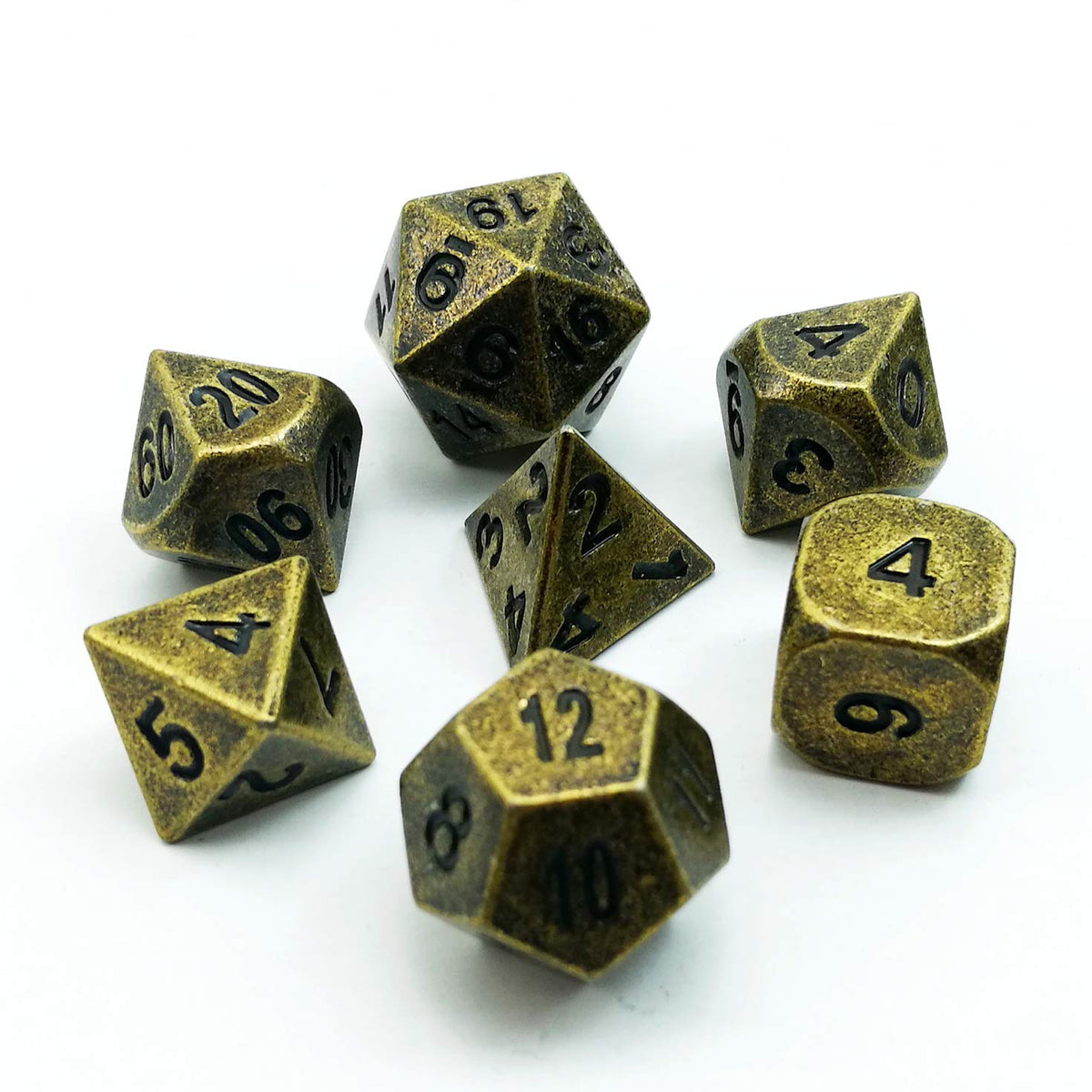 Bescon Dice Ancient Brass Solid Metal Polyhedral D&D Dice Set of 7 Antique Copper Metal RPG Role Playing Game Dice 7pcs Set