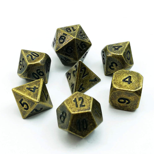 Bescon Dice Ancient Brass Solid Metal Polyhedral D&D Dice Set of 7 Antique Copper Metal RPG Role Playing Game Dice 7pcs Set