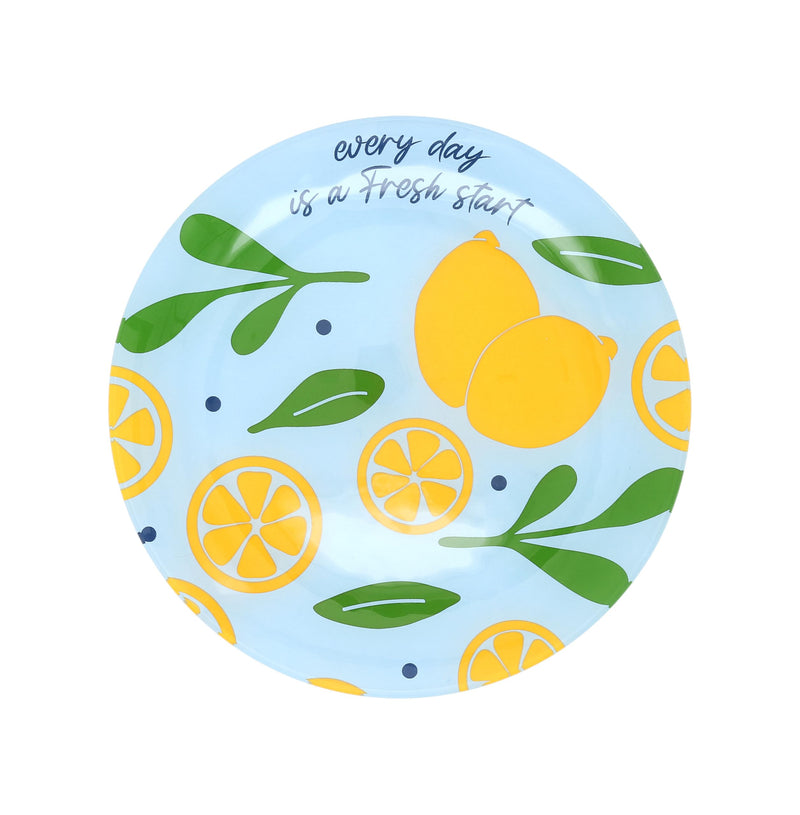 Pavilion - Every Day Is A Fresh Start - 8&quot; Round Glass Appetizer Lemon Patterned Serveware Plate