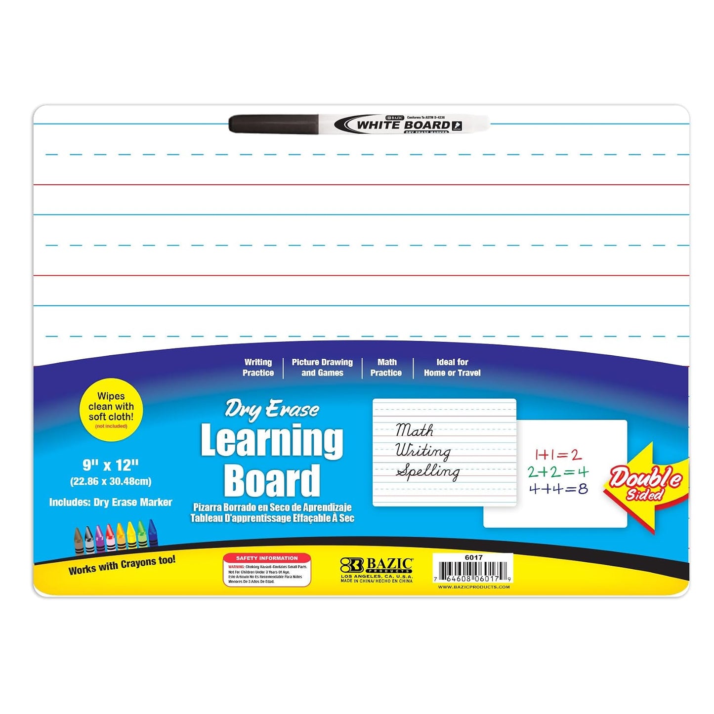 BAZIC 9" X 12" Double Sided Dry Erase Lap Board w/Marker, Whiteboard Primary Ruled Lined & Blank, Great for Kids Learn Write Draw at Home Classroom School, 1-Pack