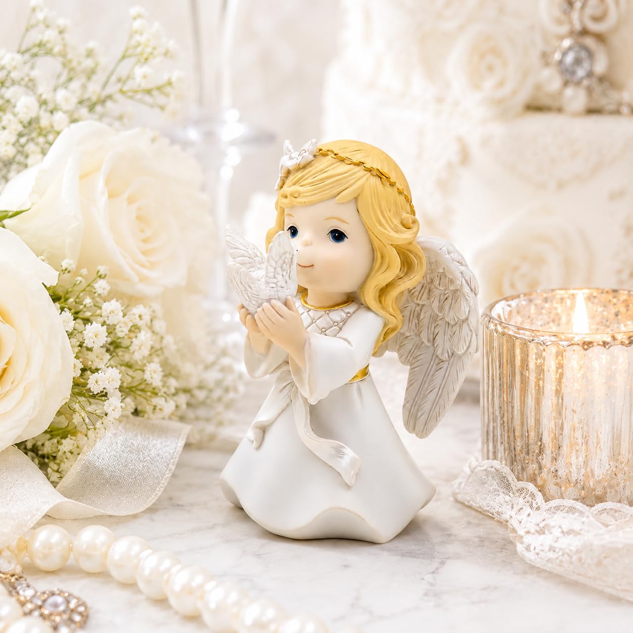 Comfy Hour Praying Girl Communion Collection Kneeling Girl Angel and Peace Dove Figurine Keepsake My First Communion, Polyresin