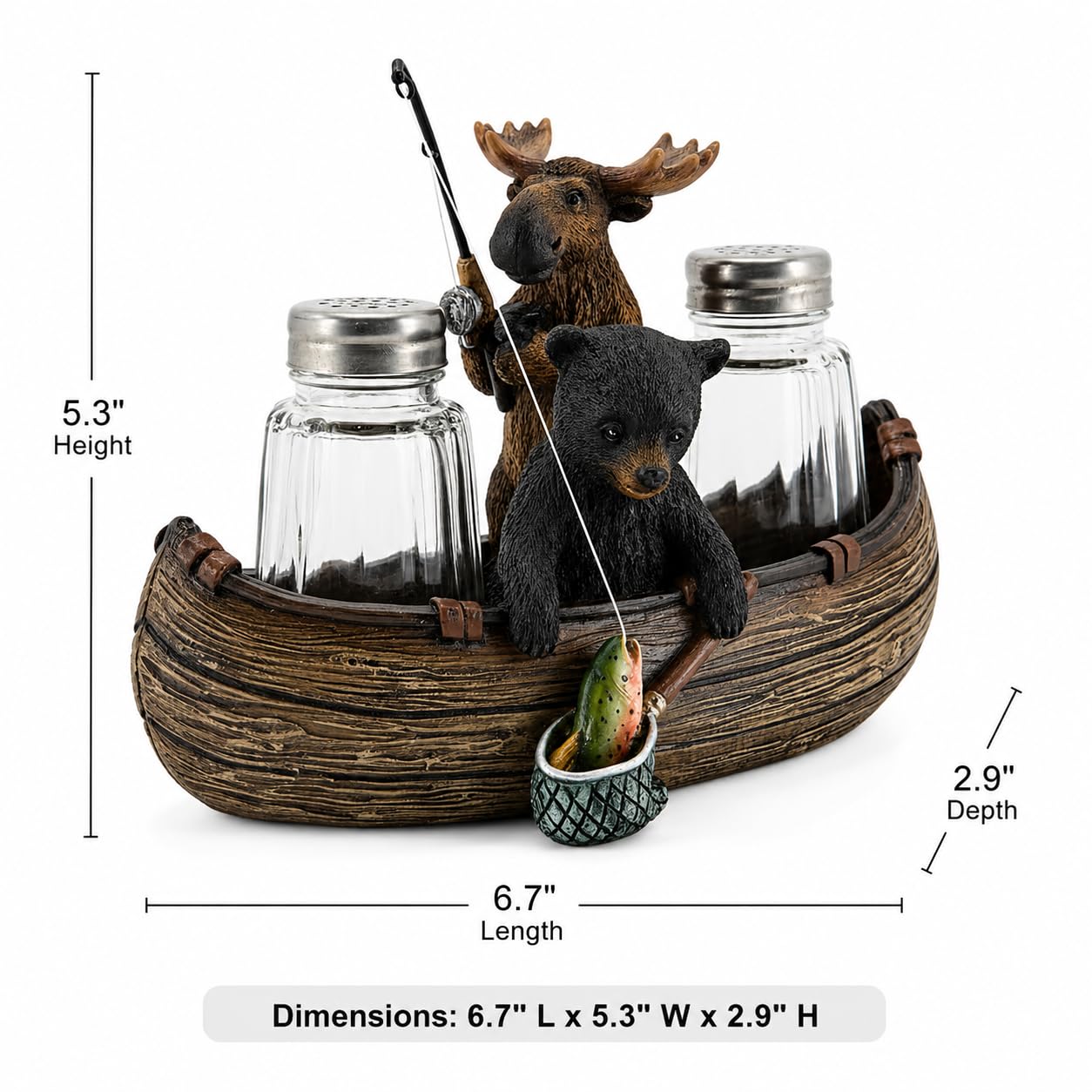 Comfy Hour 6.7 Inch Bear Salt and Pepper Shakers, Moose Canoe Holder