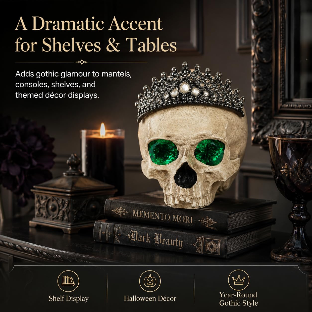 Comfy Hour Fairyland Collection Resin Horrific Human Skull Head Bone Wearing Crown with LED Light in Eyes Statue, Halloween Accent Decor, Polyresin