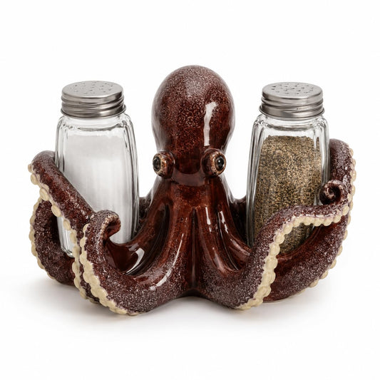 Comfy Hour 6 Inch Octopus Salt and Pepper Shakers, Red Holder