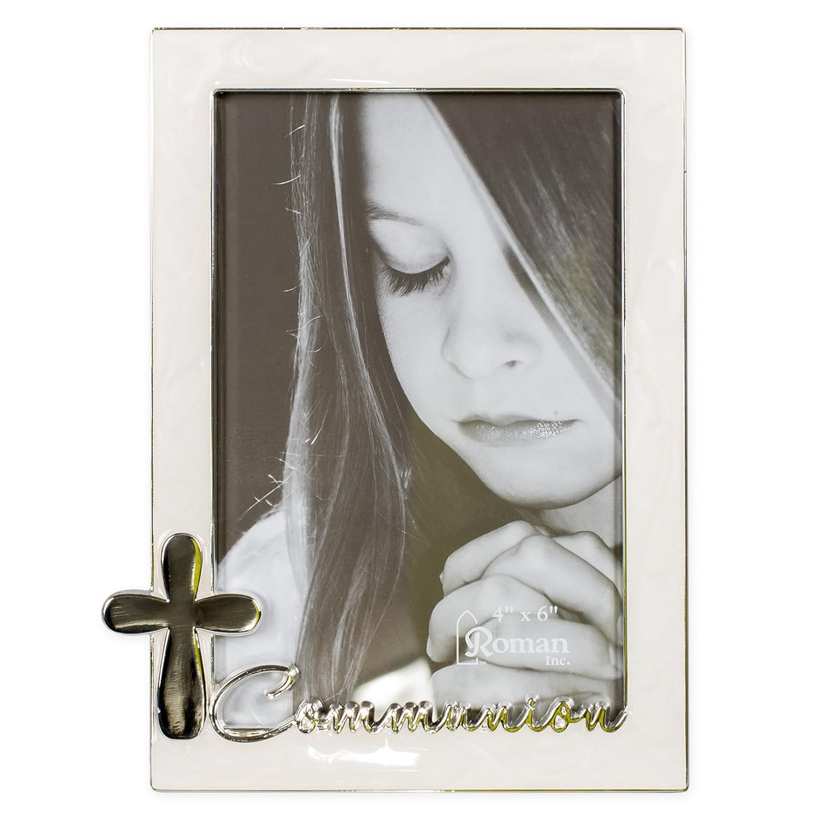 Roman First Communion Silver Finish Cross 4 x 6 Photo Pearl Trim Picture Frame