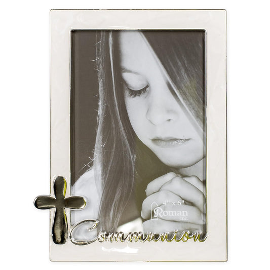Roman First Communion Silver Finish Cross 4 x 6 Photo Pearl Trim Picture Frame