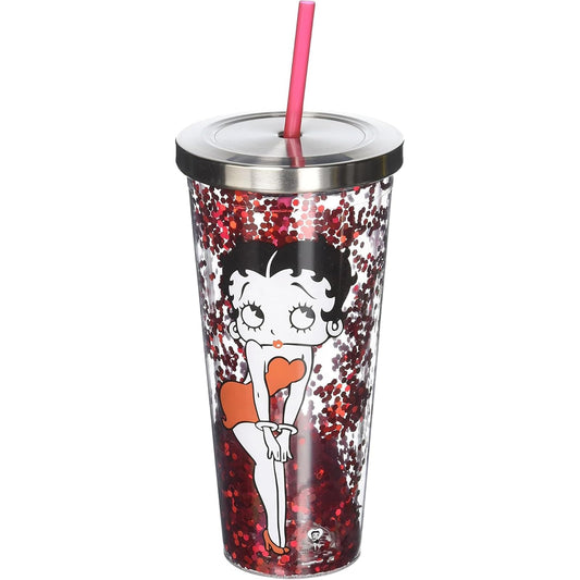 Spoontiques Smart Living Company 21302 Betty Boop Glitter Cup With Straw, 4 x 4 x 10.8 Inches, Red