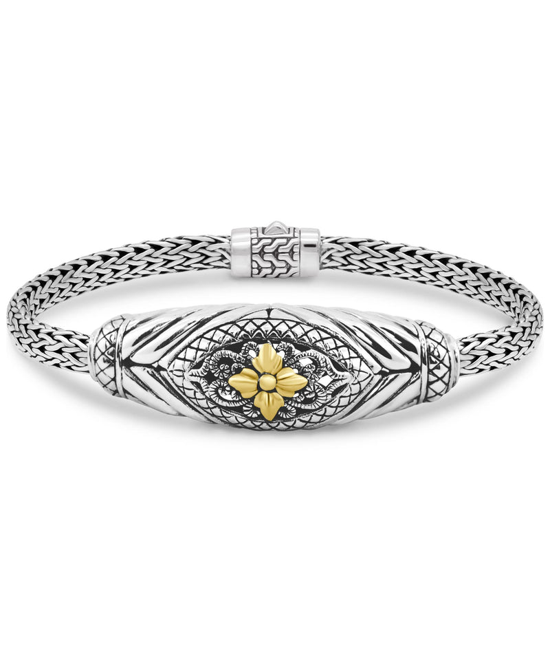 DEVATA Sterling Silver 925 and 18K Gold Bali Flower with Dragon Bone Tulang Naga Oval Chain Bracelet DBK3145ATT (Bali Flower Size M/7.5&quot;)